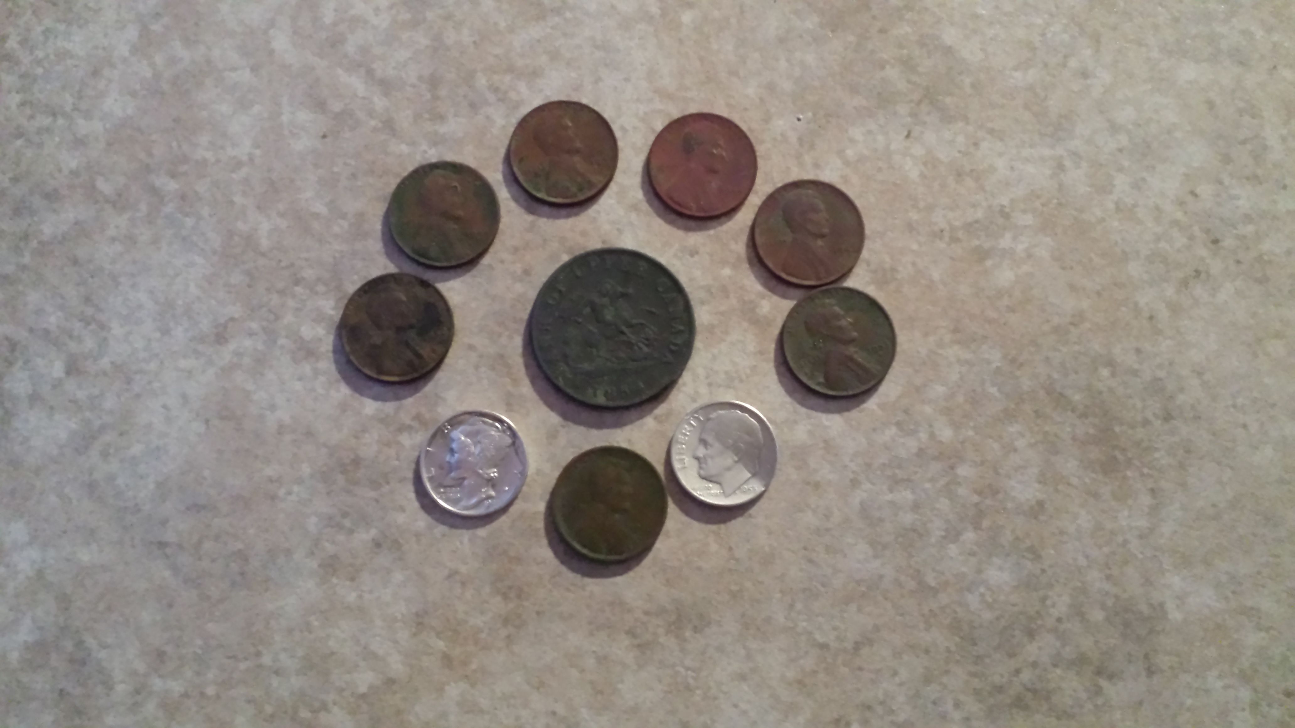 20150906 201245  Notables
1854 Canadian Half Penny, 44 Merc, 53 Rosie, & 7 wheats 1916, 40, 42, 44, 44D, 45, & 53D.