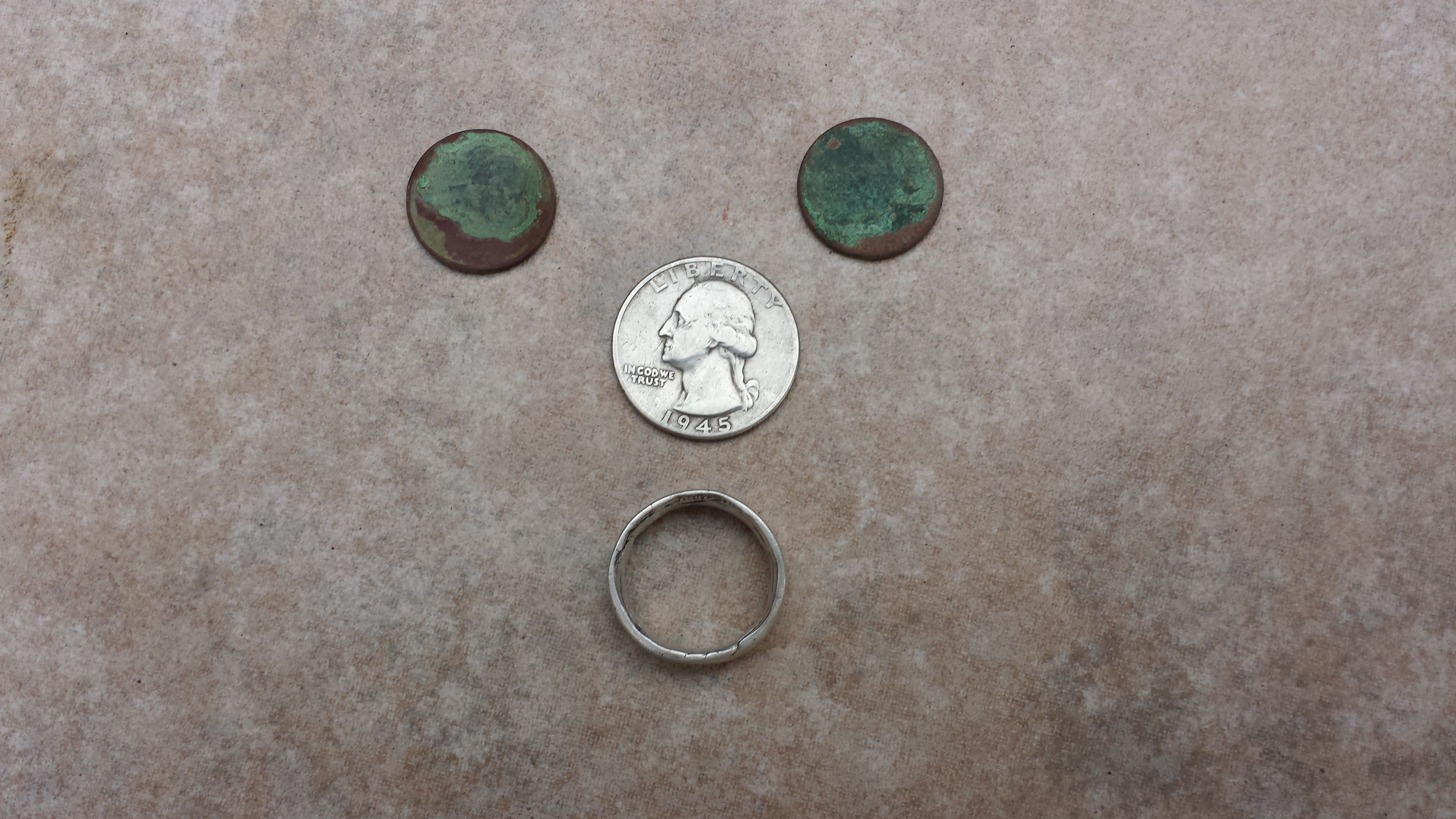 20151024 161159  Honey Hole Notables  1945 Quarter, 2 whetas 1940 & 44D and SIlver ring made from a coin.