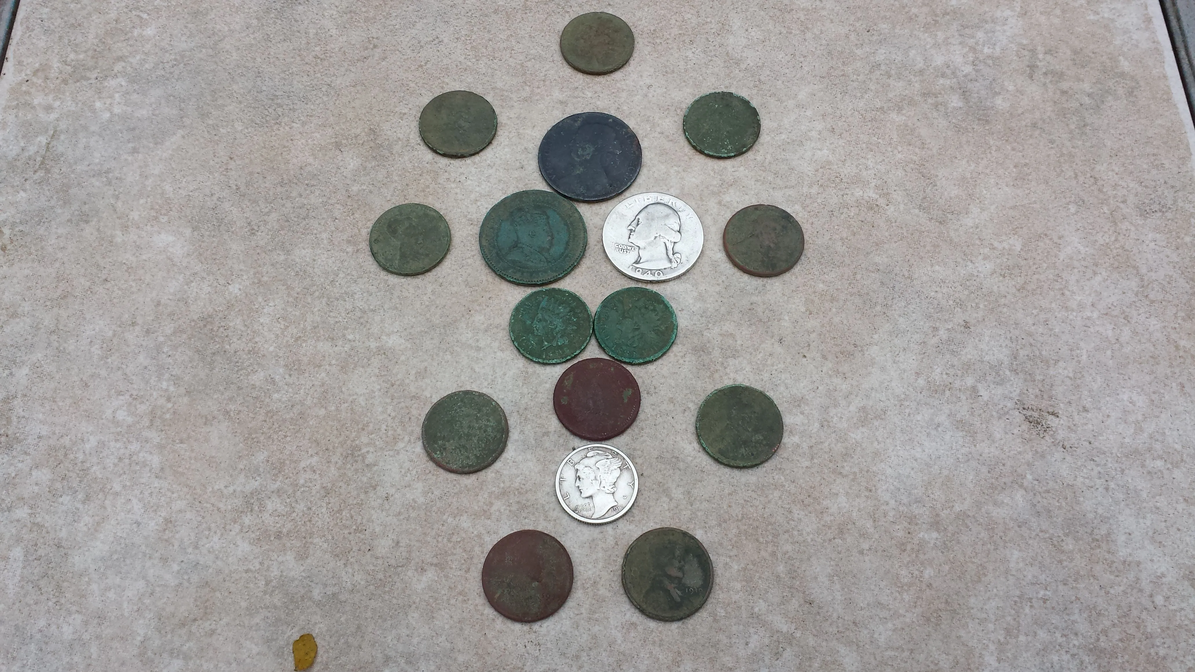 20151031 173907  Jame's house o Barker St. Notables  1866 Queen Victoria Half Penny, 1940 quarter, 1917S Merc, 1883 & 1905 IHPs, & 9 wheats 1919,26,29