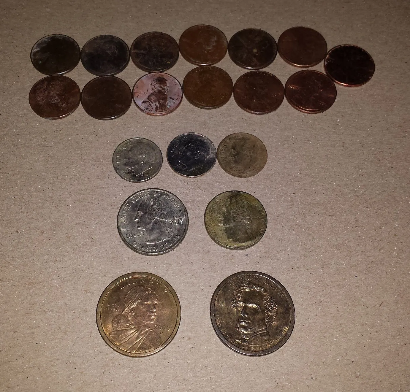 20151203 Total found at Liberty Park in Madison with the GoFind 60. Included are my first Sacagawea dollar and my first Presidential dollar.