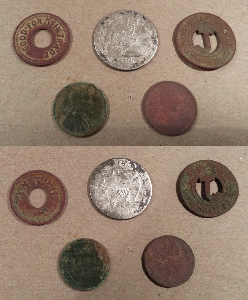 20160117 1876s Seated Liberty and a couple of tokens found at a door knock permission in Madison with the F75.