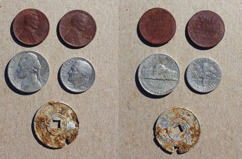 20160213 1954 Rosie, 1944d War Nickel, 1955d and 1957d wheats and a MS Sales Tax Token found with the F75 at a door knock permission in Brandon.