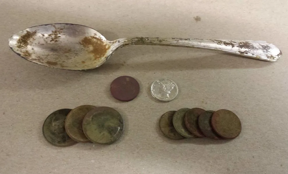 20160218 First hunt with the E-TRAC. A silver plated spoon, a 1942 Wheat and a 1943d Mercury found in Madison.