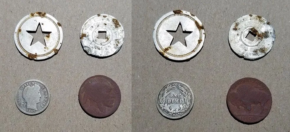20160403 1897s Barber Dime, sales tax token, unidentified token, and my second buffalo. Found in Madison with the ETRAC.