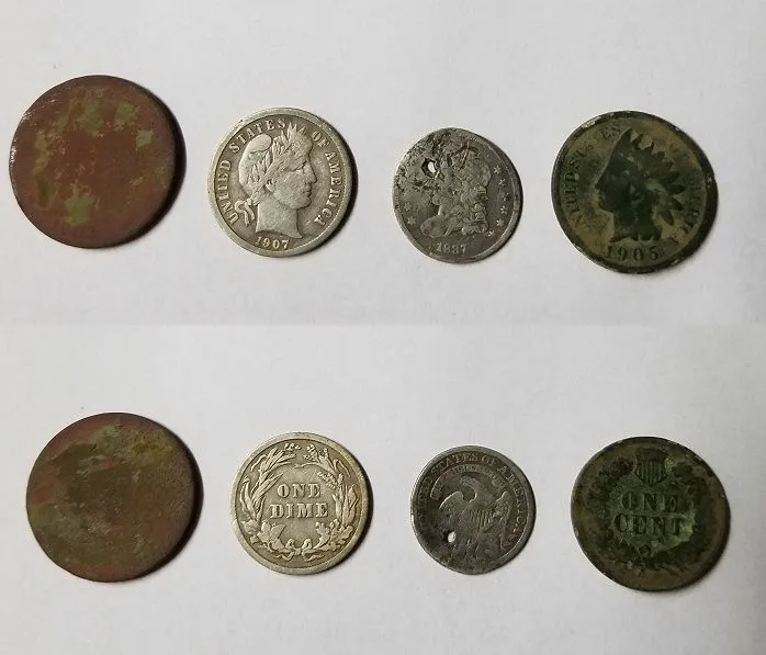 20160404 1905 IHP, 1903 V Nickel, 1837 CB Half Dime and 1907 Barber Dime found in Madison with the E-TRAC.