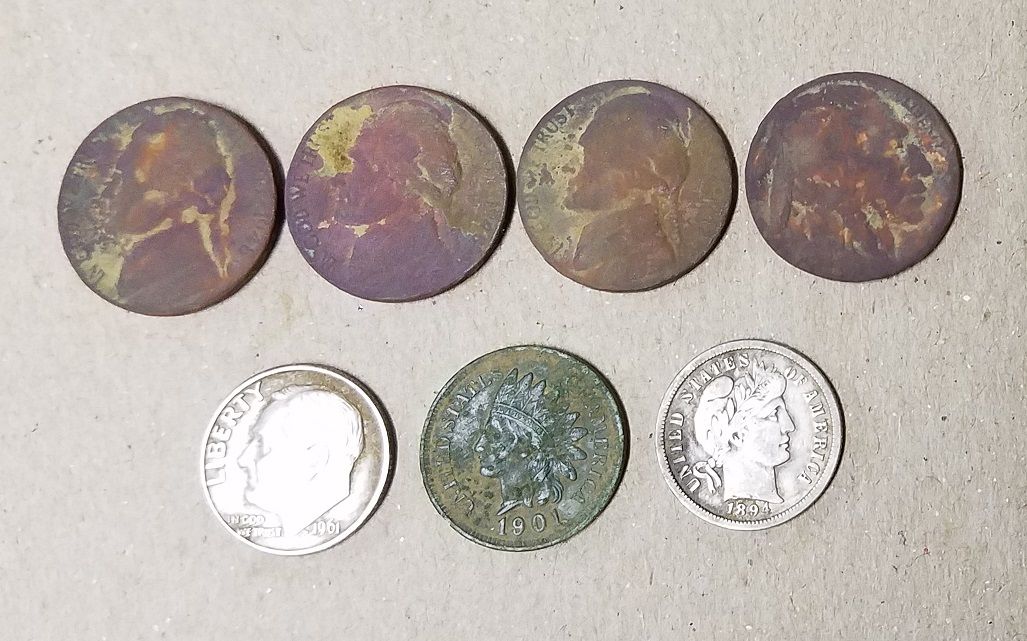 20160407 1942, 1948, 1948 Jeffersons. A Buffalo. 1961d Rosie. 1894o Barber Dime. Found in Madison with the E-TRAC.
