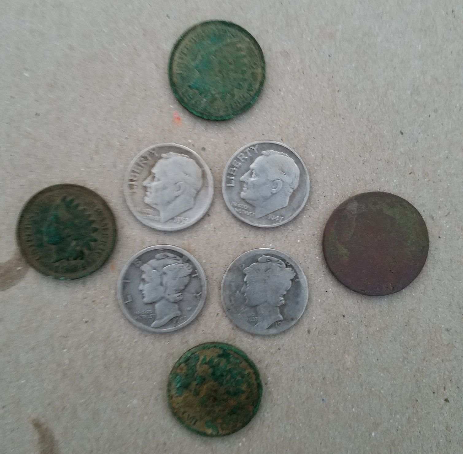 20160425 2 Mercs, 2 Rosies, 3 IHPs and a V Nickel found with the F75 in Madison.