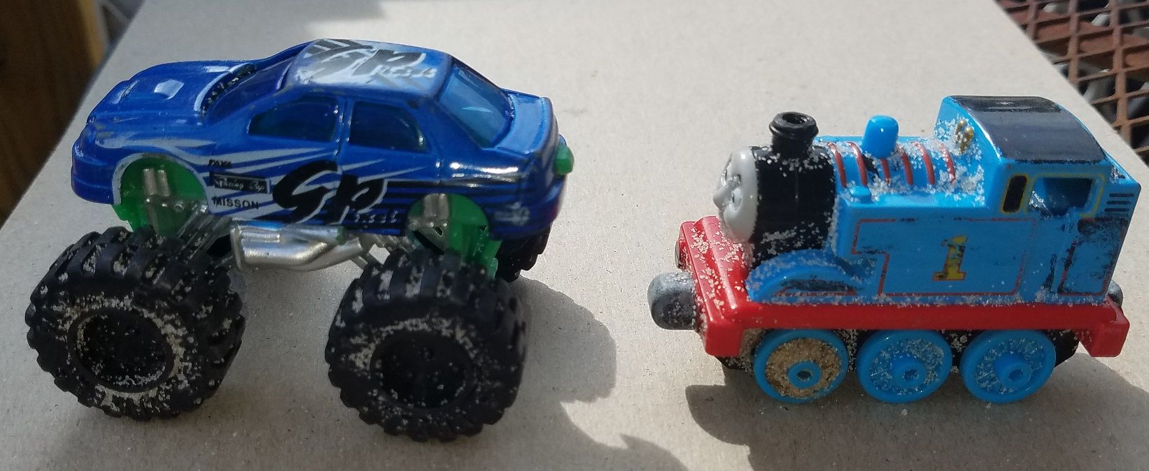 20160705 4x4 car and Thomas the Train both found in the Biloxi dry sand with the Bounty Hunter Quick Silver.