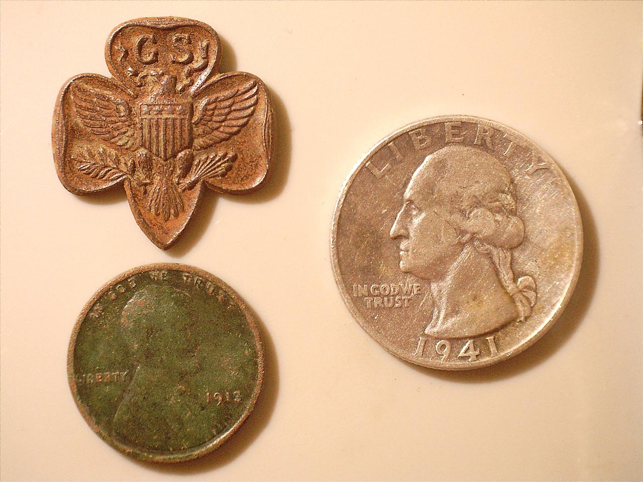 21060130 notables  Girl Scout Pin, 1913 wheat and 1st silver 1941 quarter.