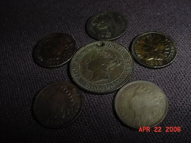 5 Indians and a big Canadian (Victoria) penny found on an old schoolhouse site. I find the best schoolhouse sites to be those on which the building is
