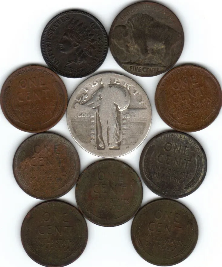 A no-date SLQ (I have NEVER found one with even a partial date!),  an Indian, a Buffalo, and a bunch of Wheaties from a field by a barn that was regul
