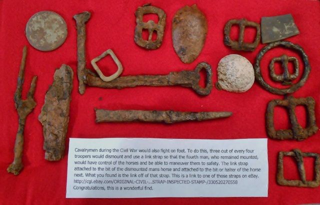 All these misc. relics were dug in a 1862 Gen. John Hunt Morgan CSA Cavalry camp. Note the iron cinch strap end.