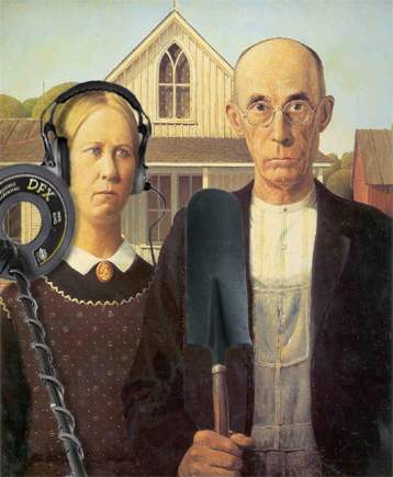 American Gothic detecting couple - Just as it should be...she beeps..he digs.  This picture was made by djabend....bends.