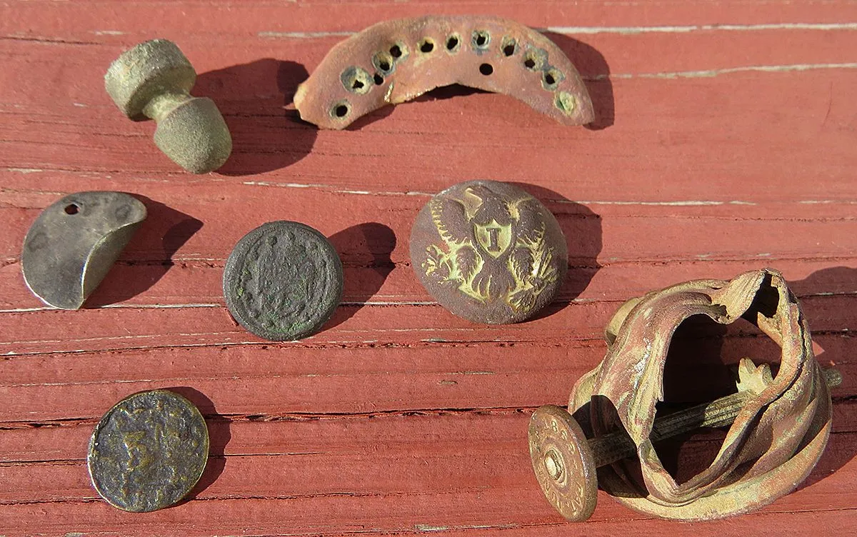 Camp items. The wick adjuster is dated 1863.