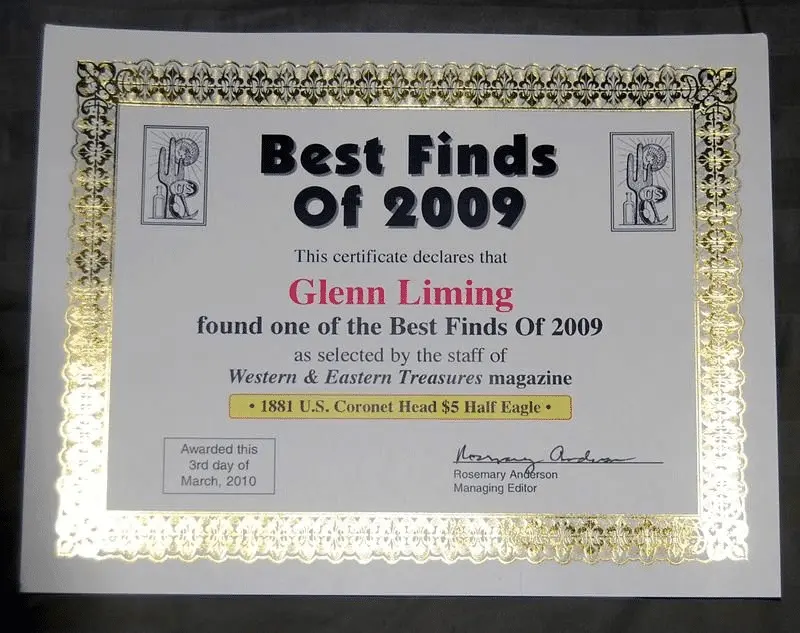 Certificate for Gold Coin found in 5/09.
