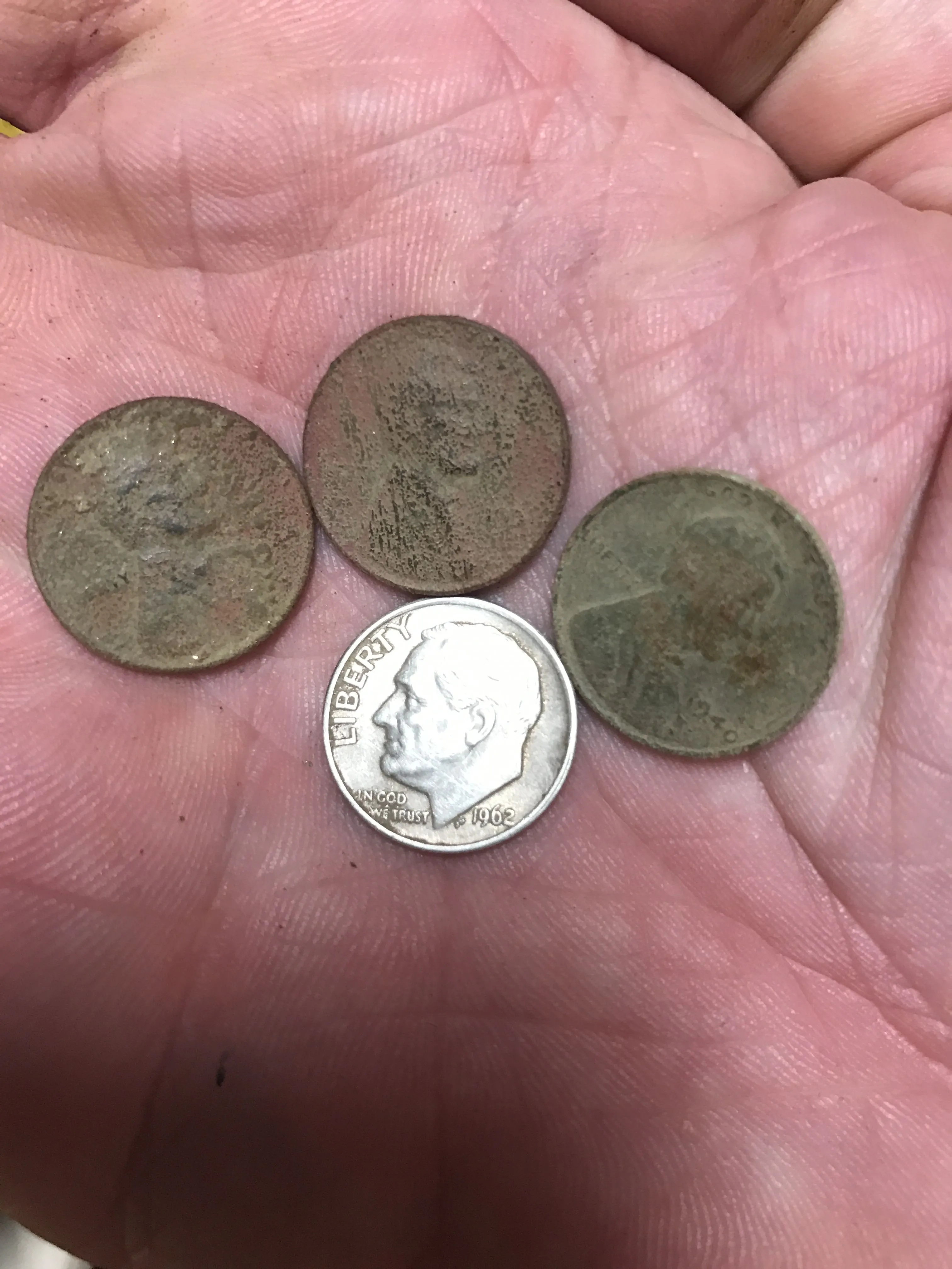 coin spill, 3 wheats and a silver dime