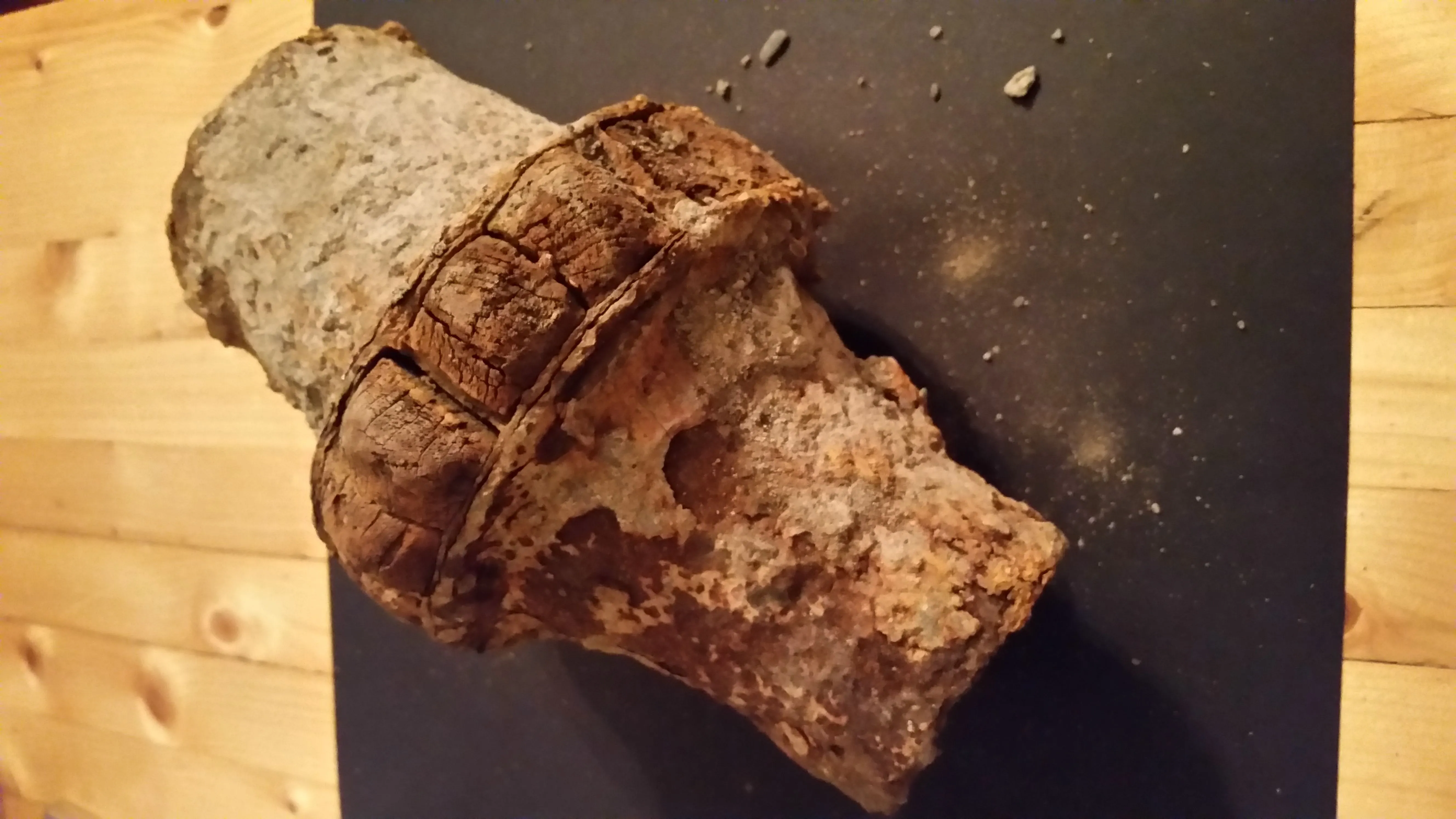 Creek bank find. Near mill site in use  between 1780's and 1850's. Hollow shaft appears to have bearing support inside larger end. Wooden pyramid shap