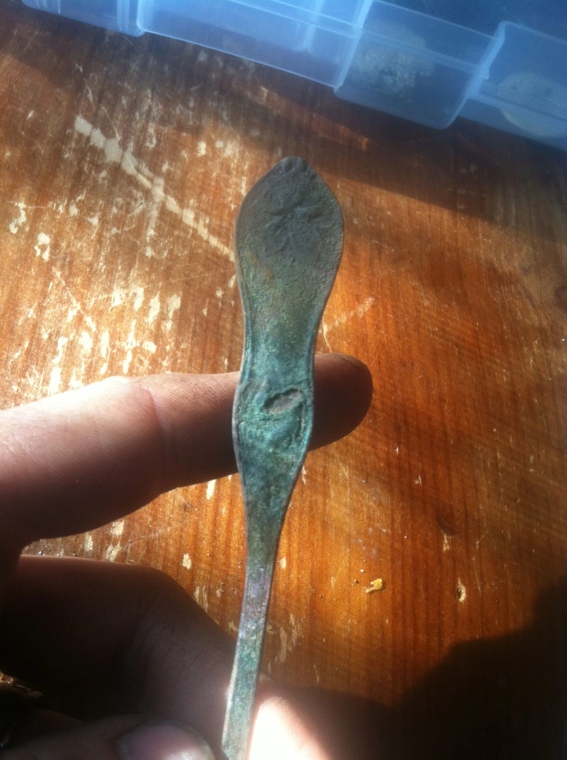 Crusty old spoon, half the bowl is rotted off. Neat design on handle. This was a creek find after the winter flooding.