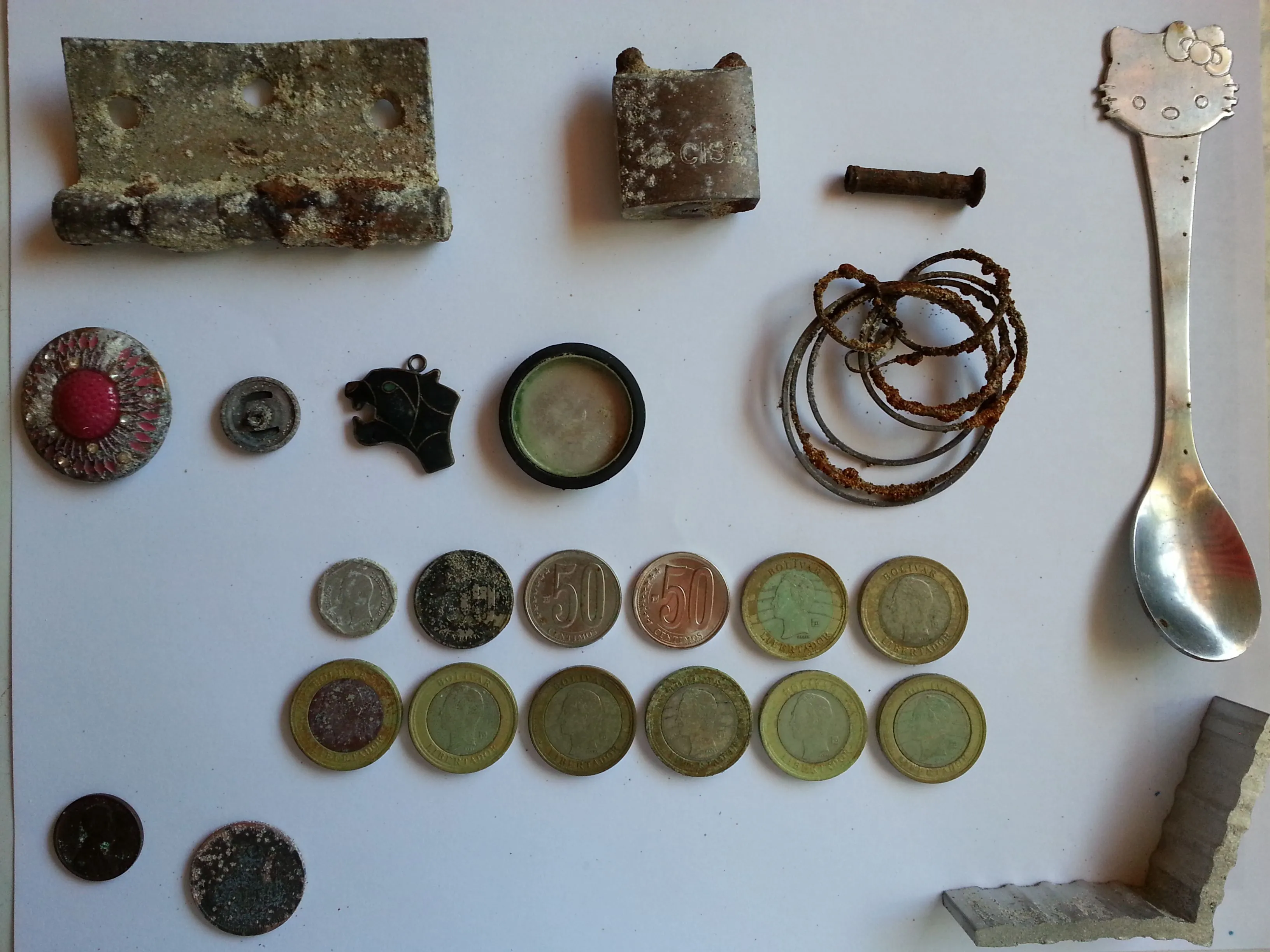 Door hinge, part of a padlock, rivet, kind of an ornament, a button, a cougar shape pendant, bottle cap, rusty earring, different local currency coins