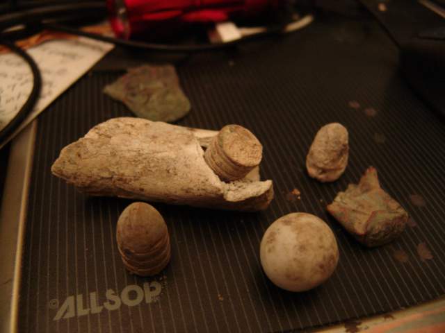 Dropped carbine bullet, bullet in some kind of bone, ceramic marble, fired carbine case, all Civil War stuff