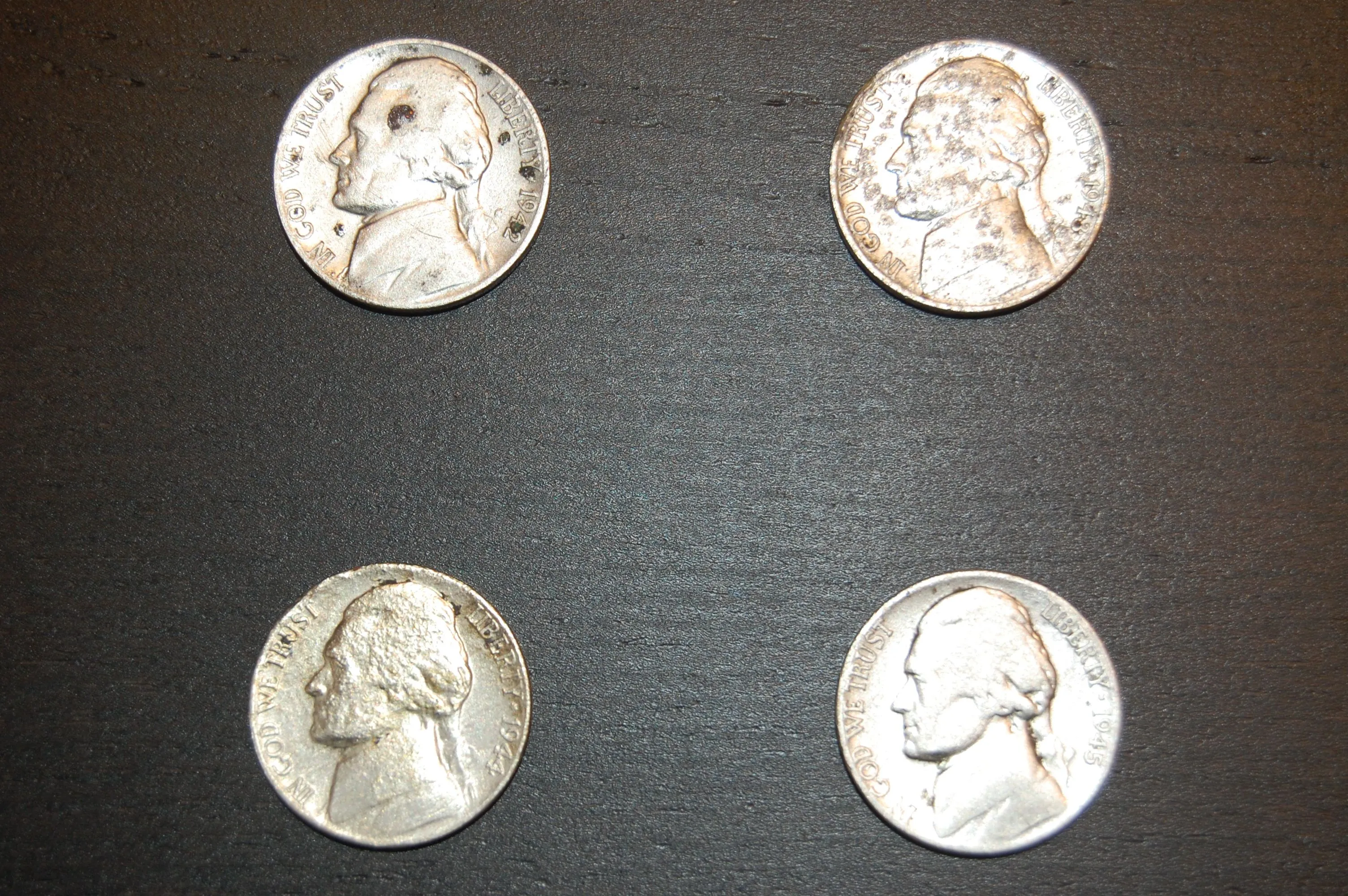 DSC 0010On the 9th of this month I dug two silver war nickles, a 1945 and 1942. Then yesterday the 23rd, I dug two more, a 1943 and 1944. That is ever