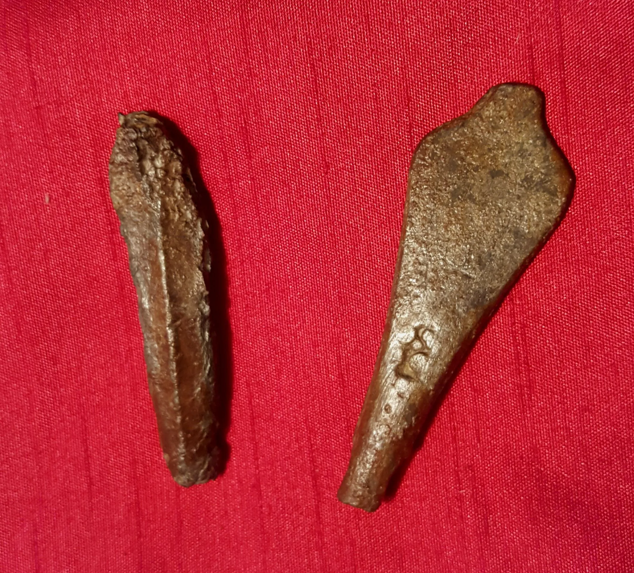 Early 1700s pewter spoon handles.  The one on the right has a makr's mark on it; if you have any info on the maker please pm me.