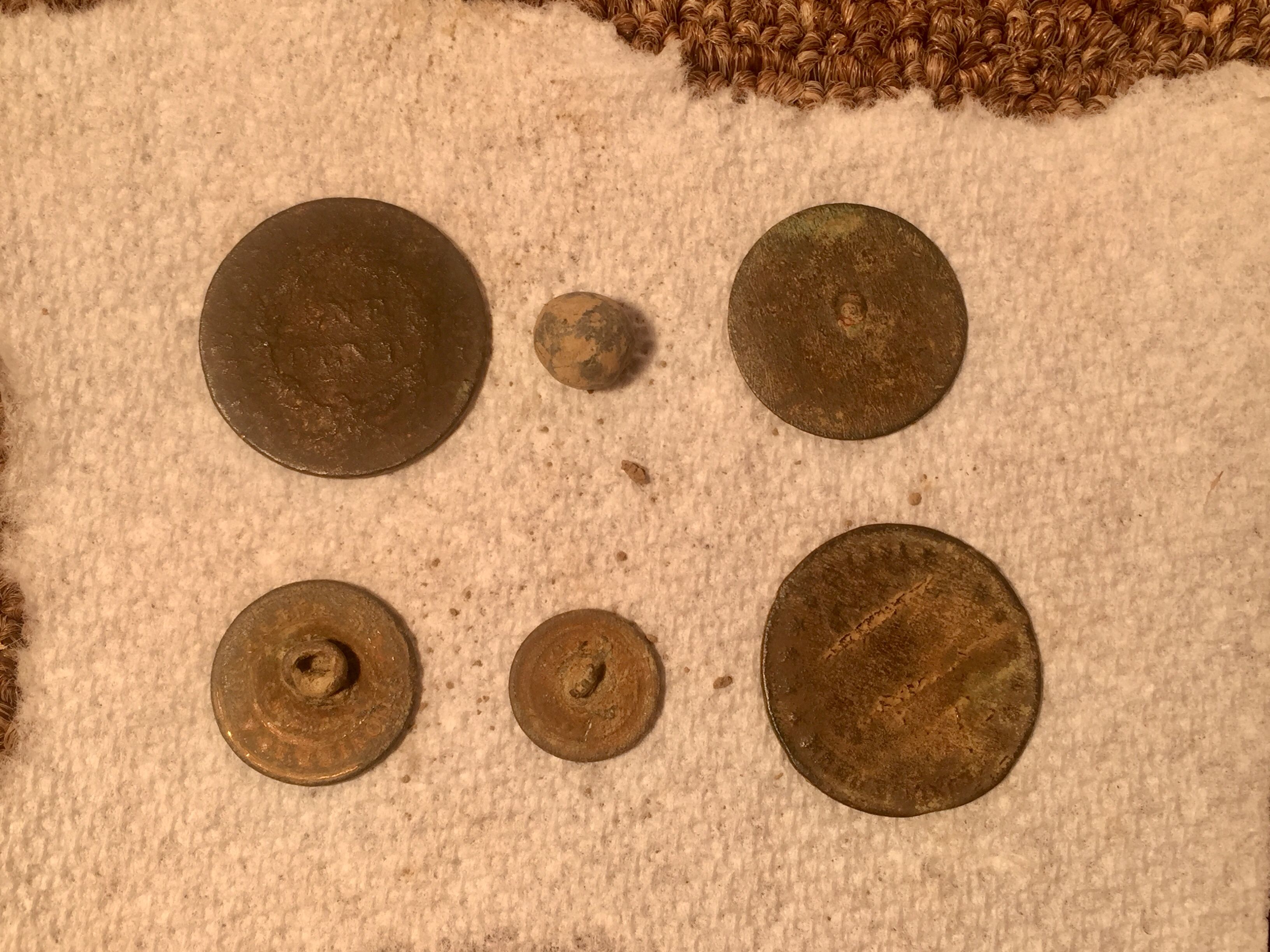 Finds for March 26. LC, 2 flatbuttons, Navy button, and 1837 Hard times "Millions for Defense" token