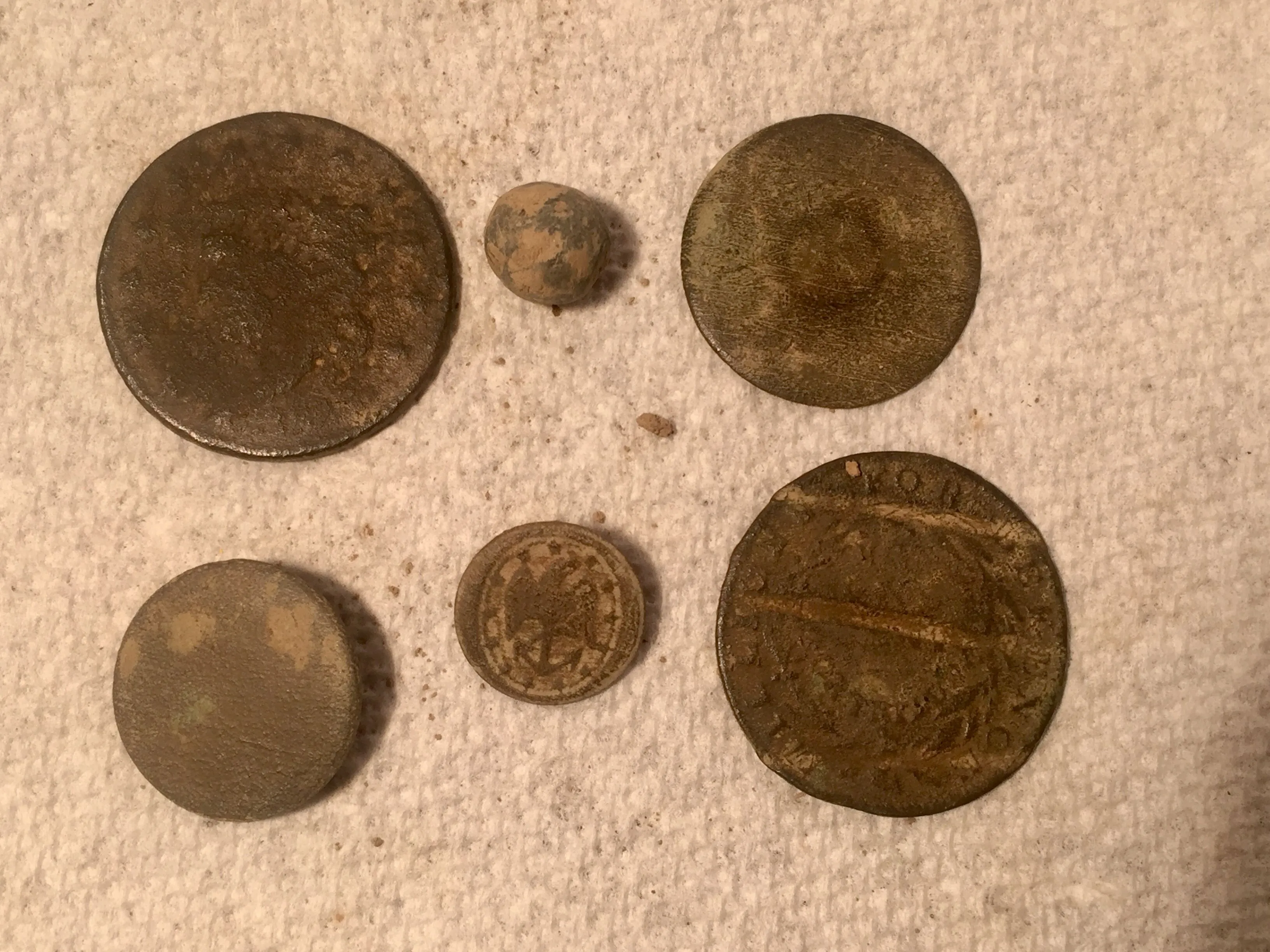 Finds for March 26. LC, 2 flatbuttons, Navy button, and 1837 Hard times "Millions for Defense" token