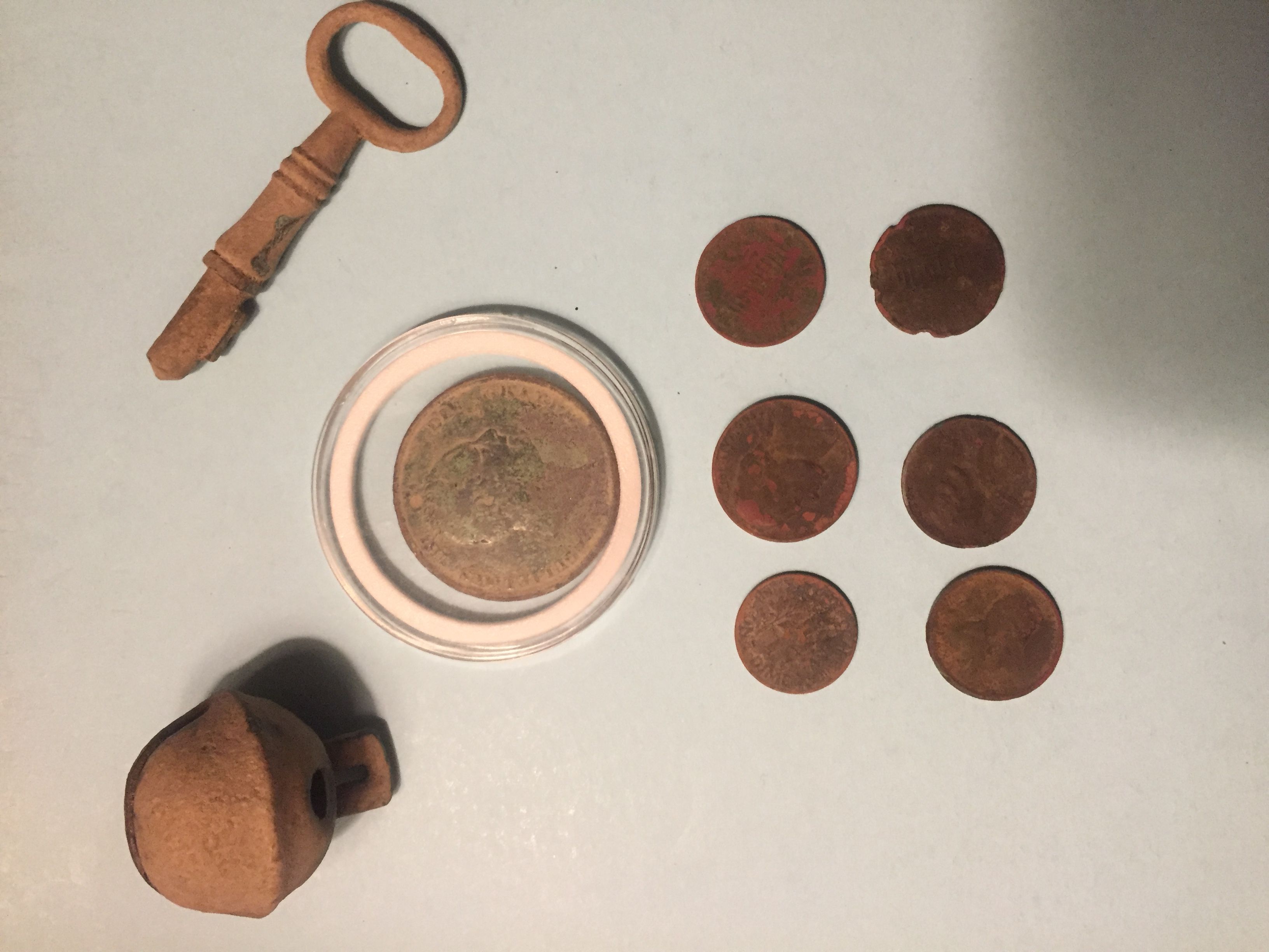 First hunt at new site! 1831 King William IV Penny, Skeleton Key, Crotal Bell and modern change. The only thing pictured cleaned is the penny.