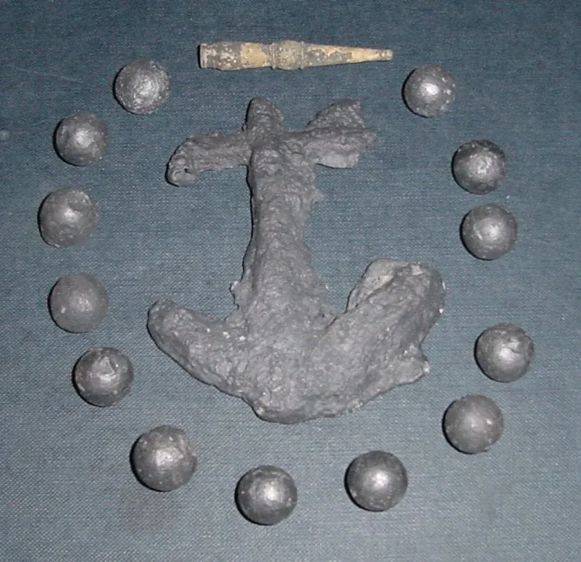 FOUND IN WATERS OFF OF A REVWAR/1812 WAR/ CW FORT 
ANCHOR I BELIEVE IS SOLDIER ART - IT IS A SAND CAST PROBABLY MADE FROM MELTED MUSKETBALLS