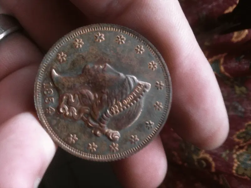 Found this at 5" down, saw the libert head and the date back says San Francisco California Twenty D.   my heart skipped a few beats... Then I saw the 
