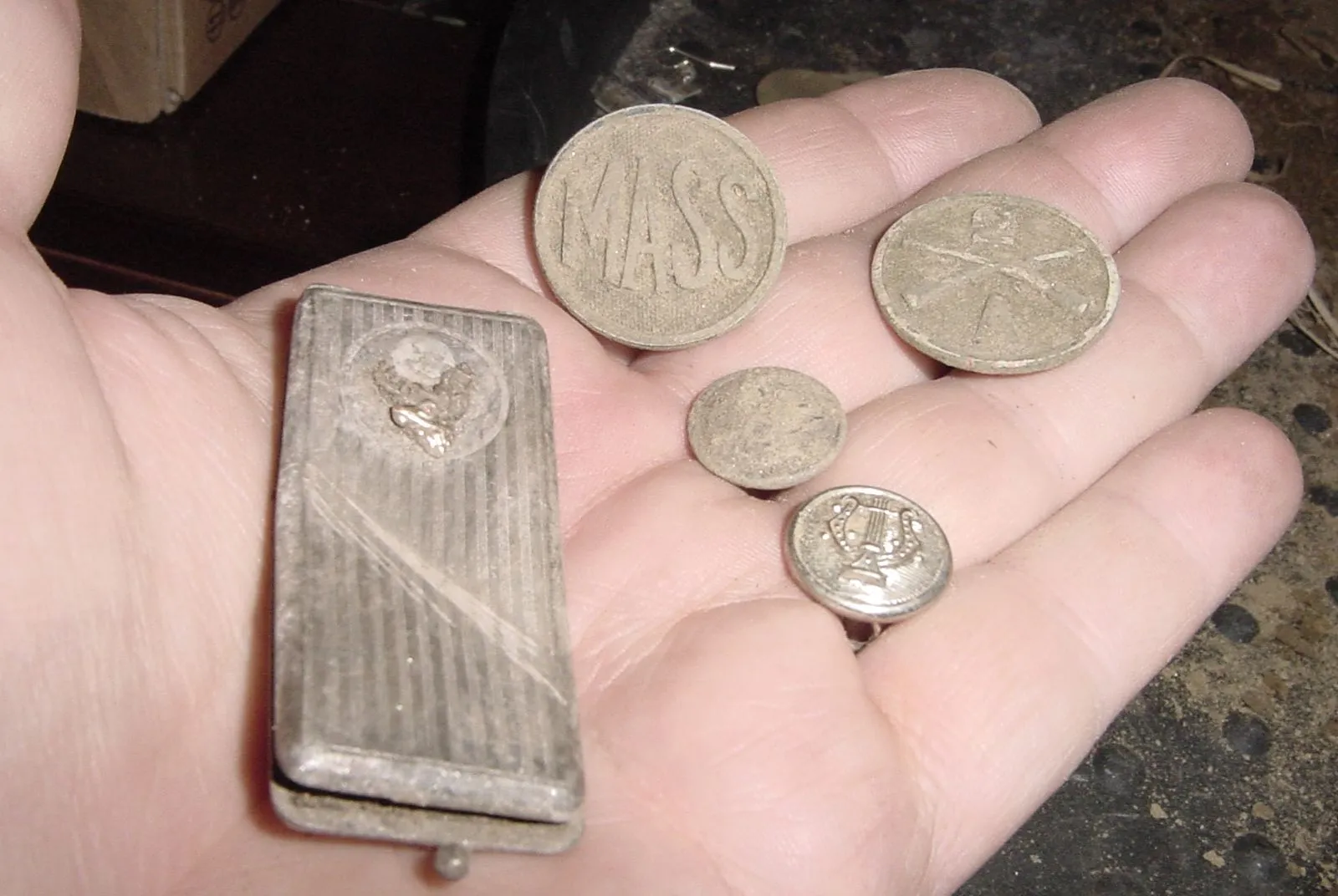 FROM A WW I TRAINING CAMP - COLLAR DISCS - BUTTONS AND STERLING ELKS CLUB CARD HOLDER - HAS PAPERS INSIDE DATED 1917