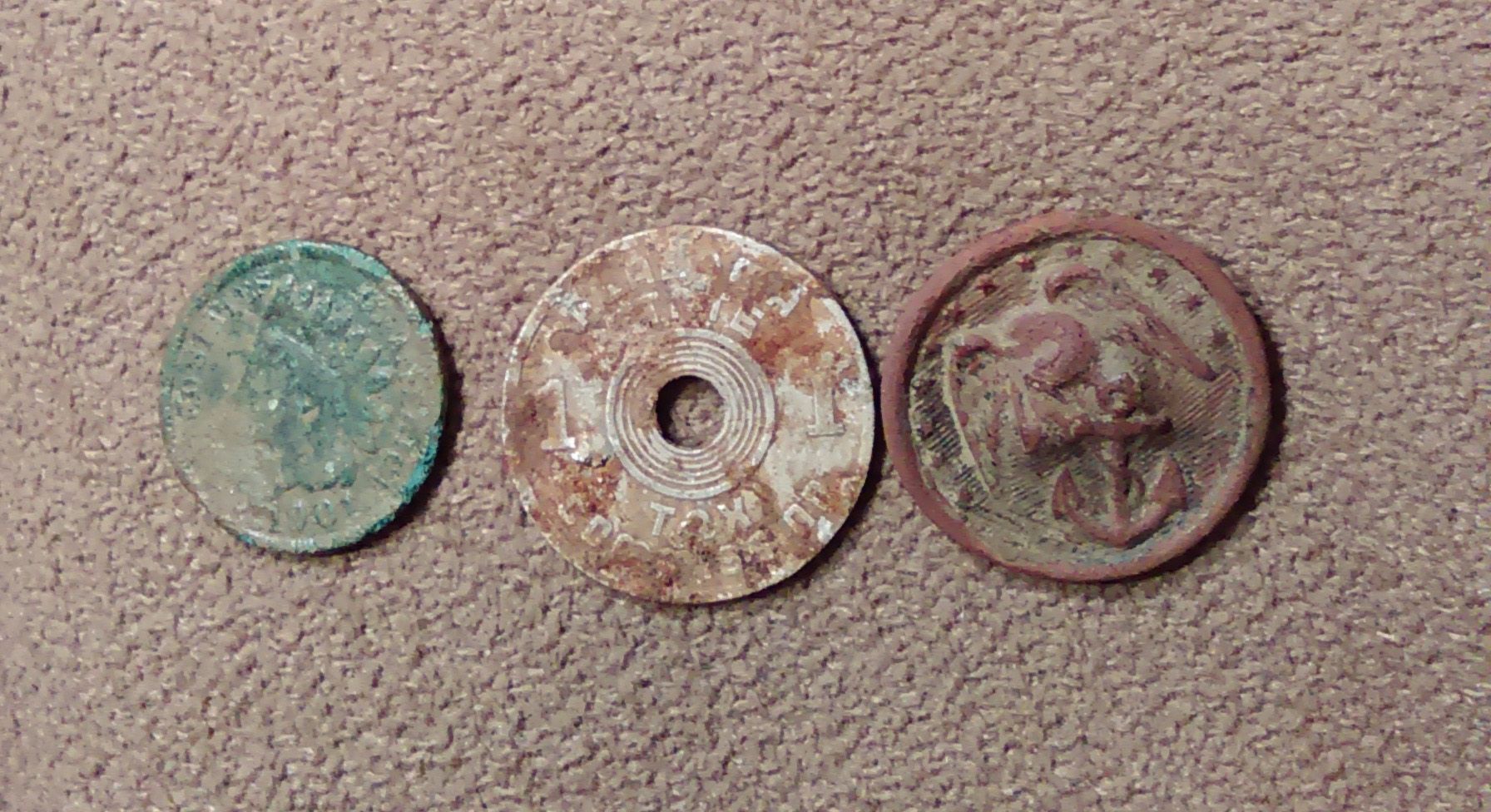IMAG1608. 1901 Indian head, Ala tax token, Marine Corps button WW2. Found 2016.