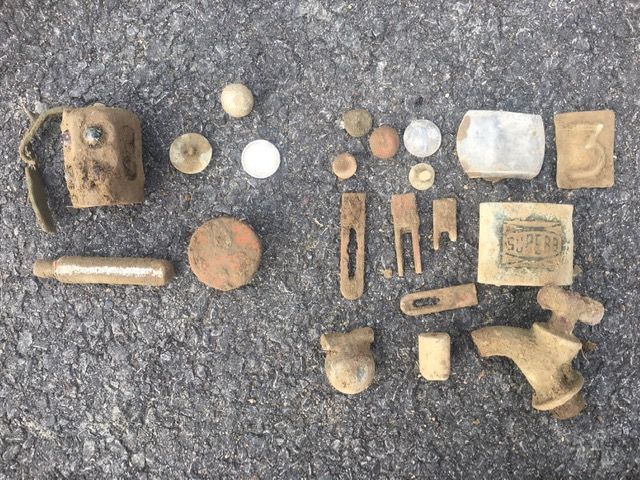 Jeff and I's finds 11-14. Jeff's are on the left, he found a 1910 barber dime, an ornate silver plated button, and a few other things. I got a 1902 ba