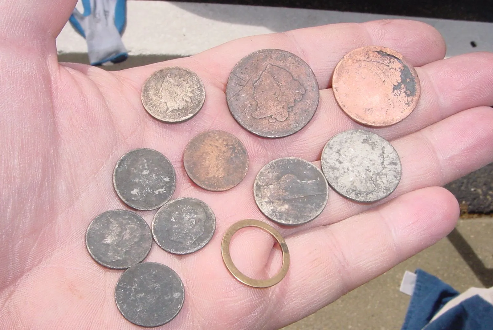 JUNE 7TH CAPE COD FINDS = 1819 LARGE CENT, 1851 LARGE CENT, 1861 IH PENNY, 1866 IH PENNY, SILVER WAR NICKLE, 2 SILVER ROOS.DIMES, 2 MERC DIMES, 1951-S