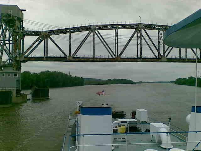 lift bridge - A picture looking out behind the boat after clearing a lift bridge on the Illinois river