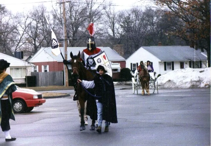 ME RIDING UP FOR MY MEDIEVAL WEDDING - BRIDE IS IN THE COACH BEHIND ME (YOU CAN BARELY SEE HER - MY SISTER AND COACHMAN ARE RIDERS YOU SEE)