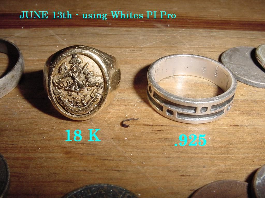 NICE HEAVY 18K FAMILY CREST RING AND A BIG SILVER .925 BAND - SAME DAY ON FLA. TRIP 
(WHITE'S PI PRO)