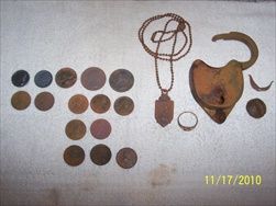 Northwood Beach finds Pendant, 1800's Switch lock, a ring and coins.