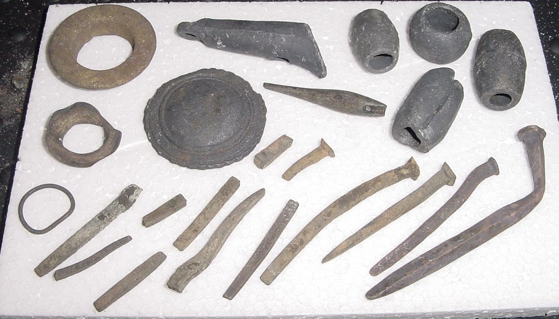 OTHER JULY 5TH FINDS - ROSETTE - OLD FISHING NET WEIGHTS - BRASS SAIL GROMMETS - BRONZE SHIP/BOAT NAILS/SPIKES