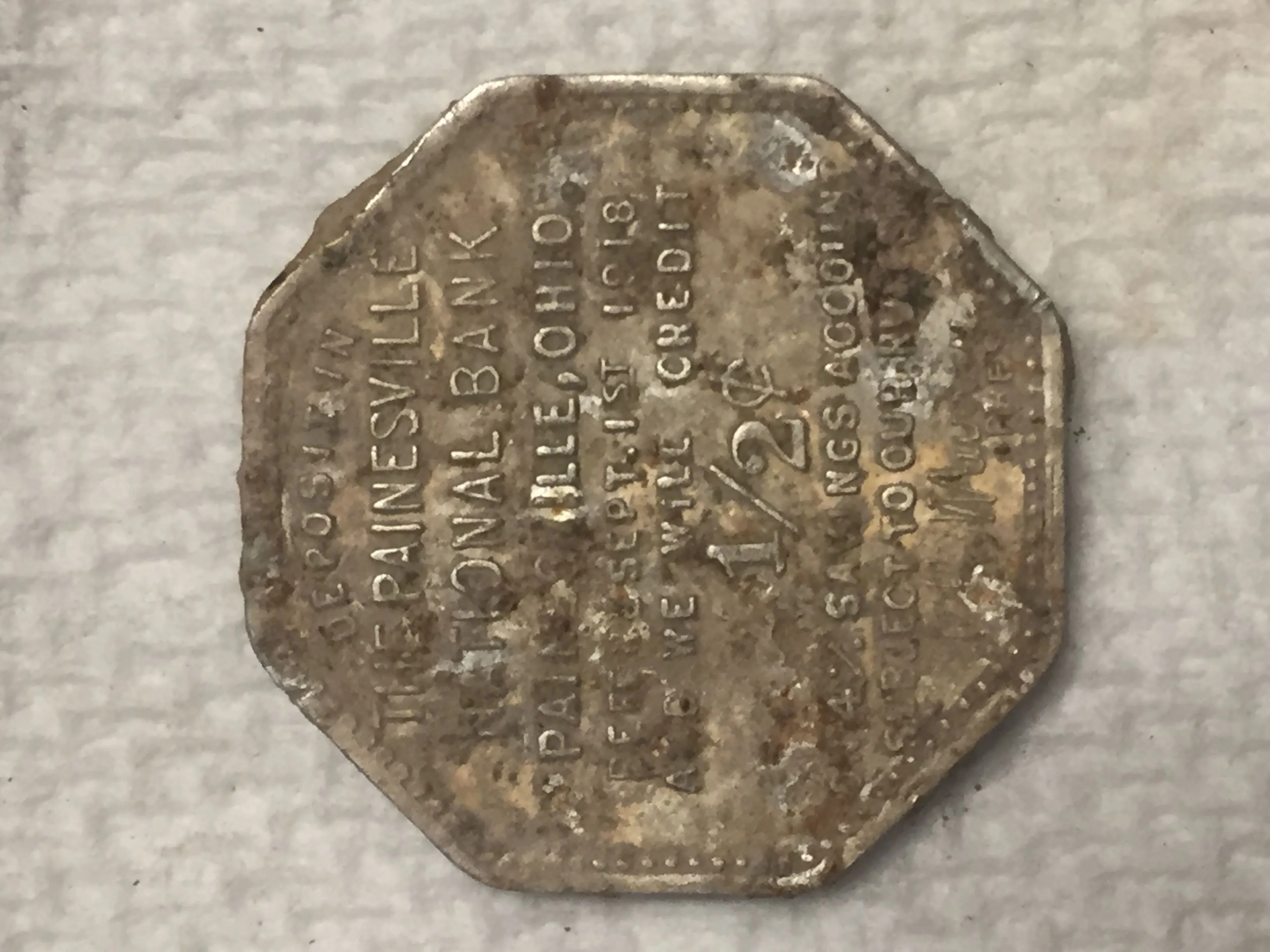 Painesville Ohio 1/2 cent Savings Check Token to be deposited Sept. 1st 1918