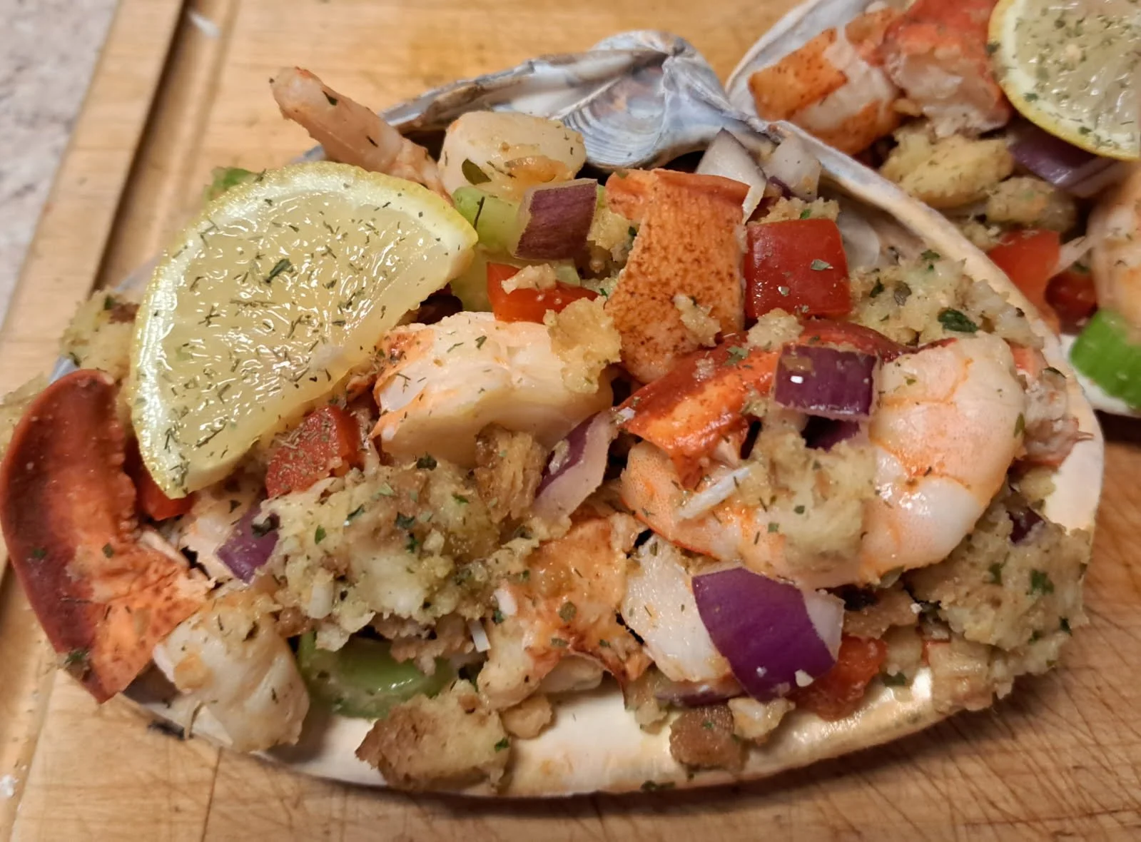 STUFFED SHELL = LOBSTER SCALLOPS SHRIMP