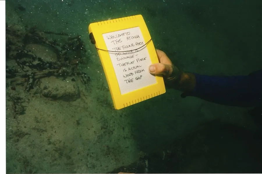 SydAtochaSlate7: Syd Jones was my Atocha dive tour guide.  He narrated a tour of the main pile through his slate.