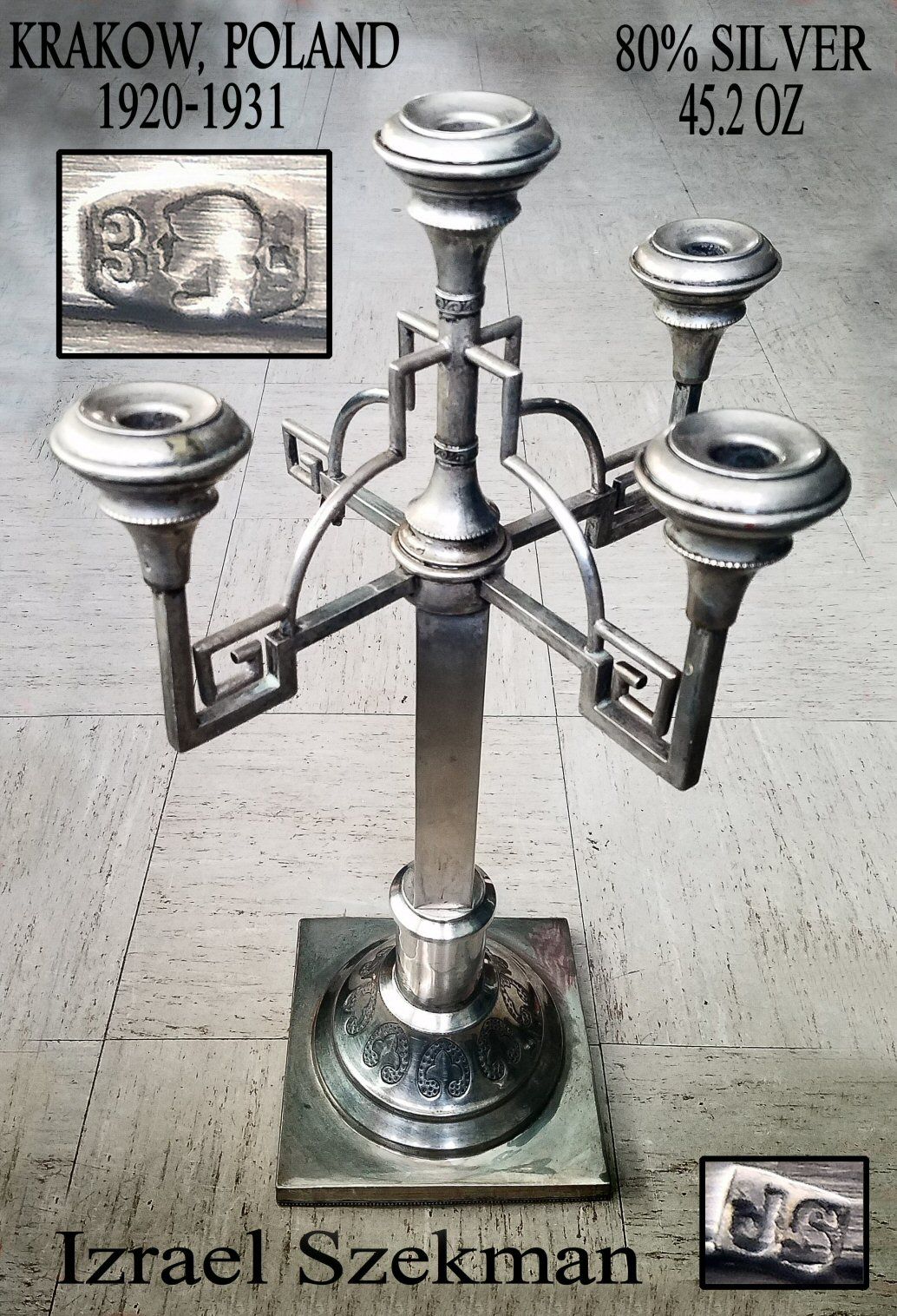 This is a huge 2-foot-tall candelabra. Made in Krakow, Poland in between the years 1920-1931. It is 80% pure silver and weighs 45.2 ounces. The man wh