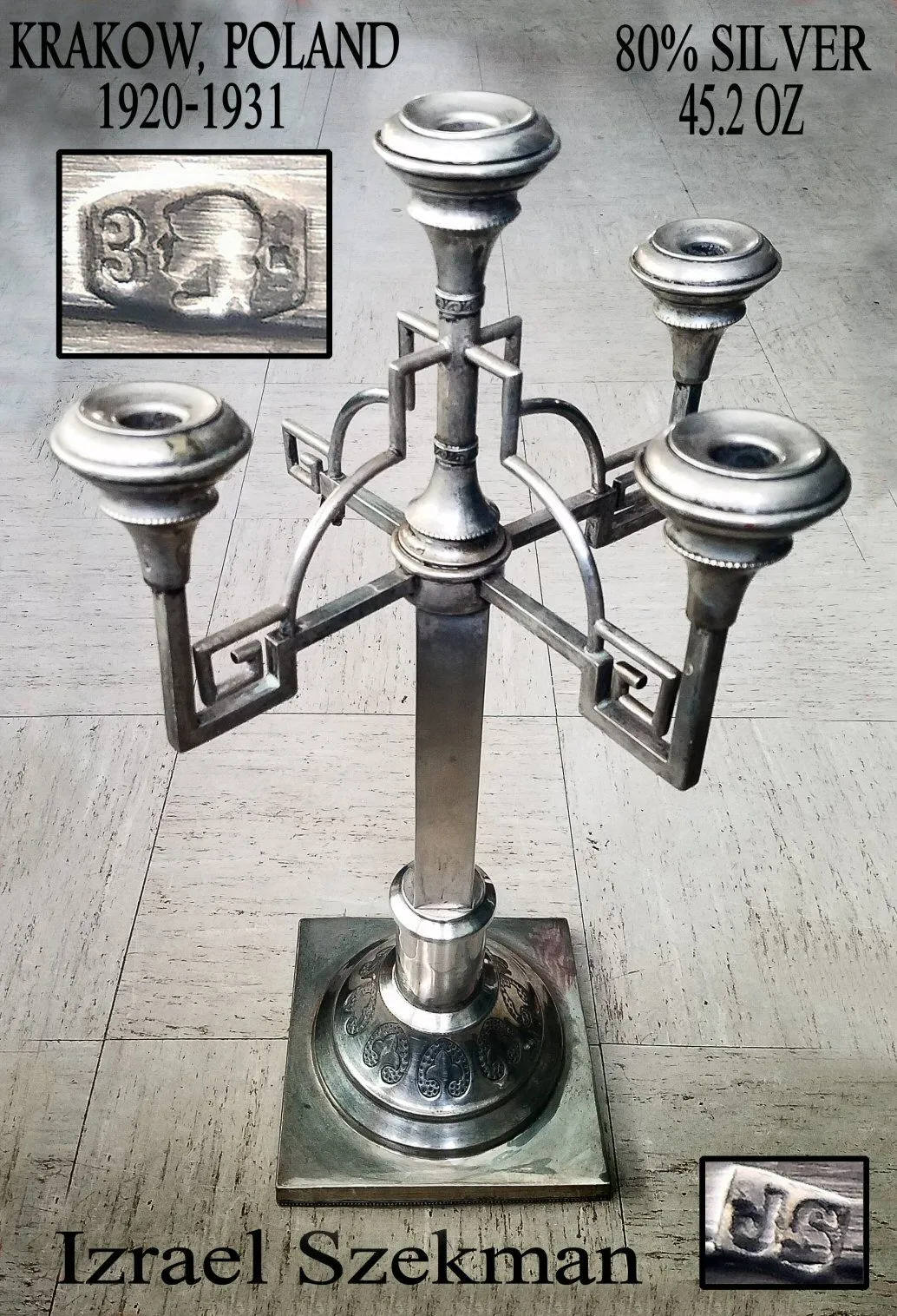 This is a huge 2-foot-tall candelabra. Made in Krakow, Poland in between the years 1920-1931. It is 80% pure silver and weighs 45.2 ounces. The man wh