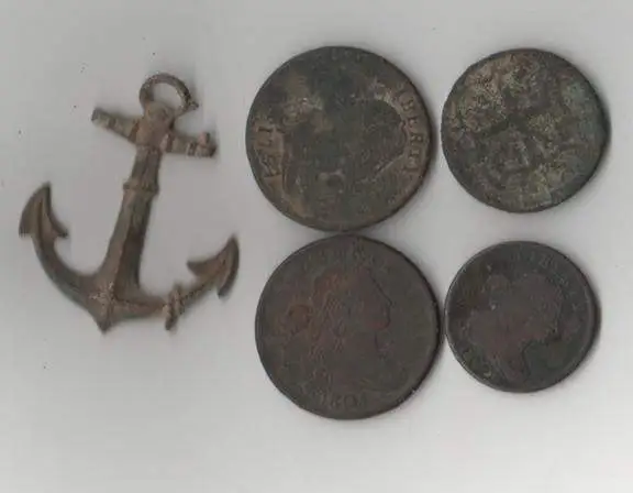 Virginia half penny ..draped busts ... naval officer hat device